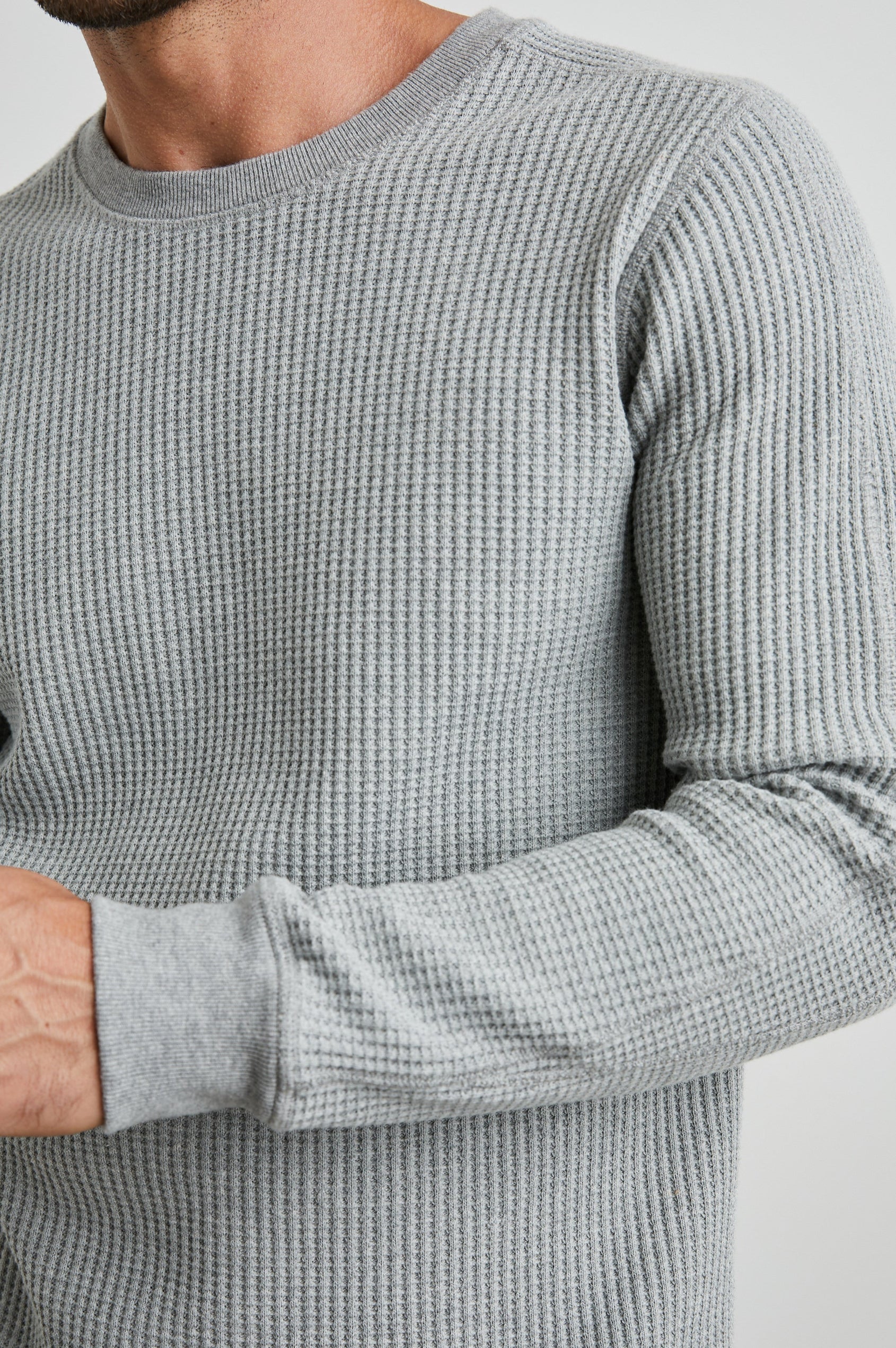 grey waffle knit round neck jumper  close up