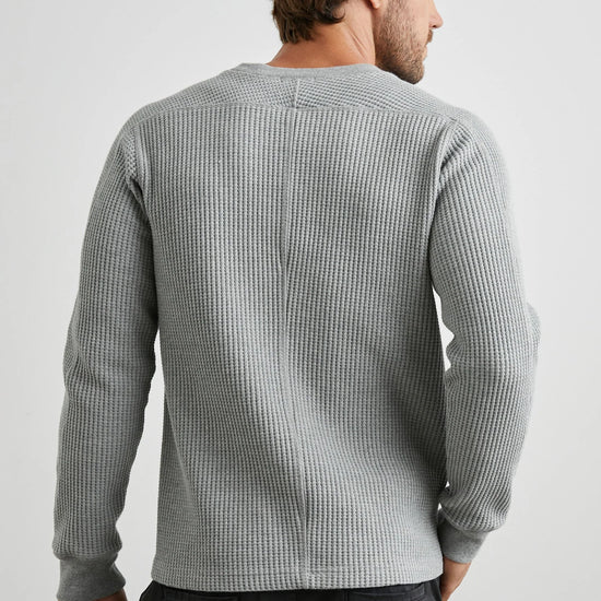 grey waffle knit round neck jumper  rear view 