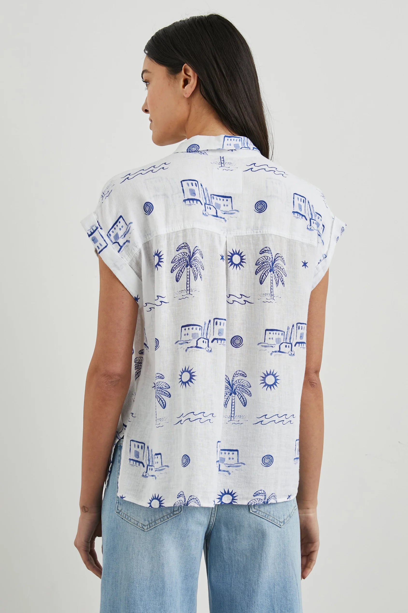 short sleeve white shirt with summer print rear view