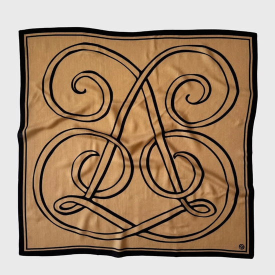 Wool silk monogram square scarf in tan and black