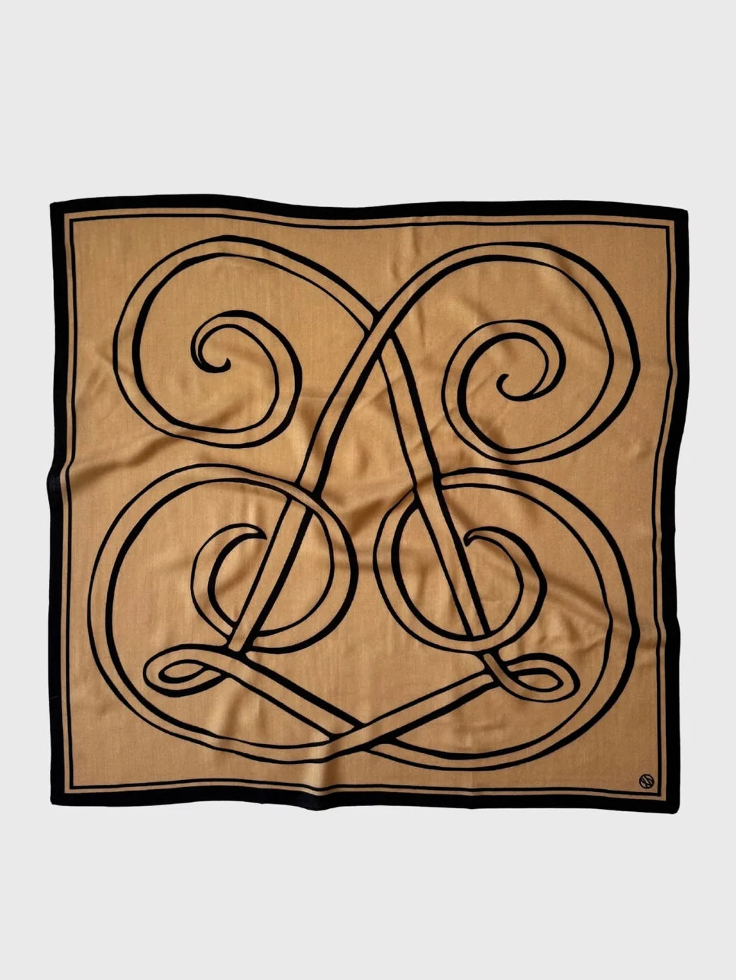 Wool silk monogram square scarf in tan and black