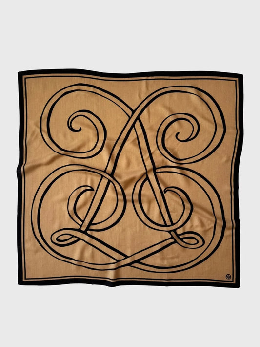 Wool silk monogram square scarf in tan and black