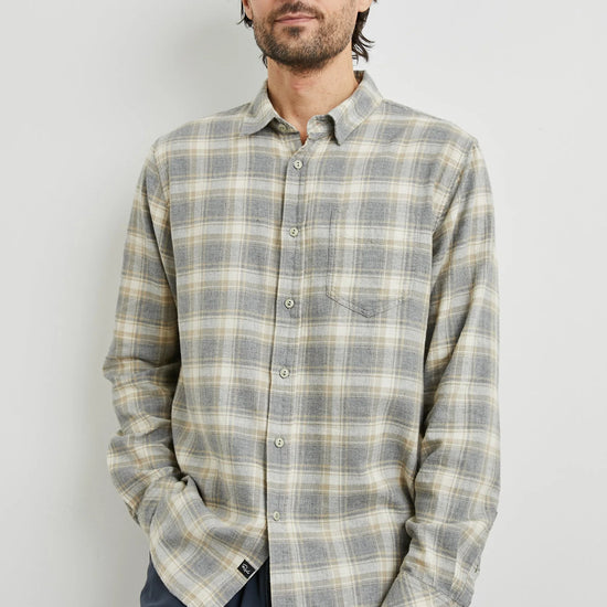 grey check shirt with chest pocket and curved hem 