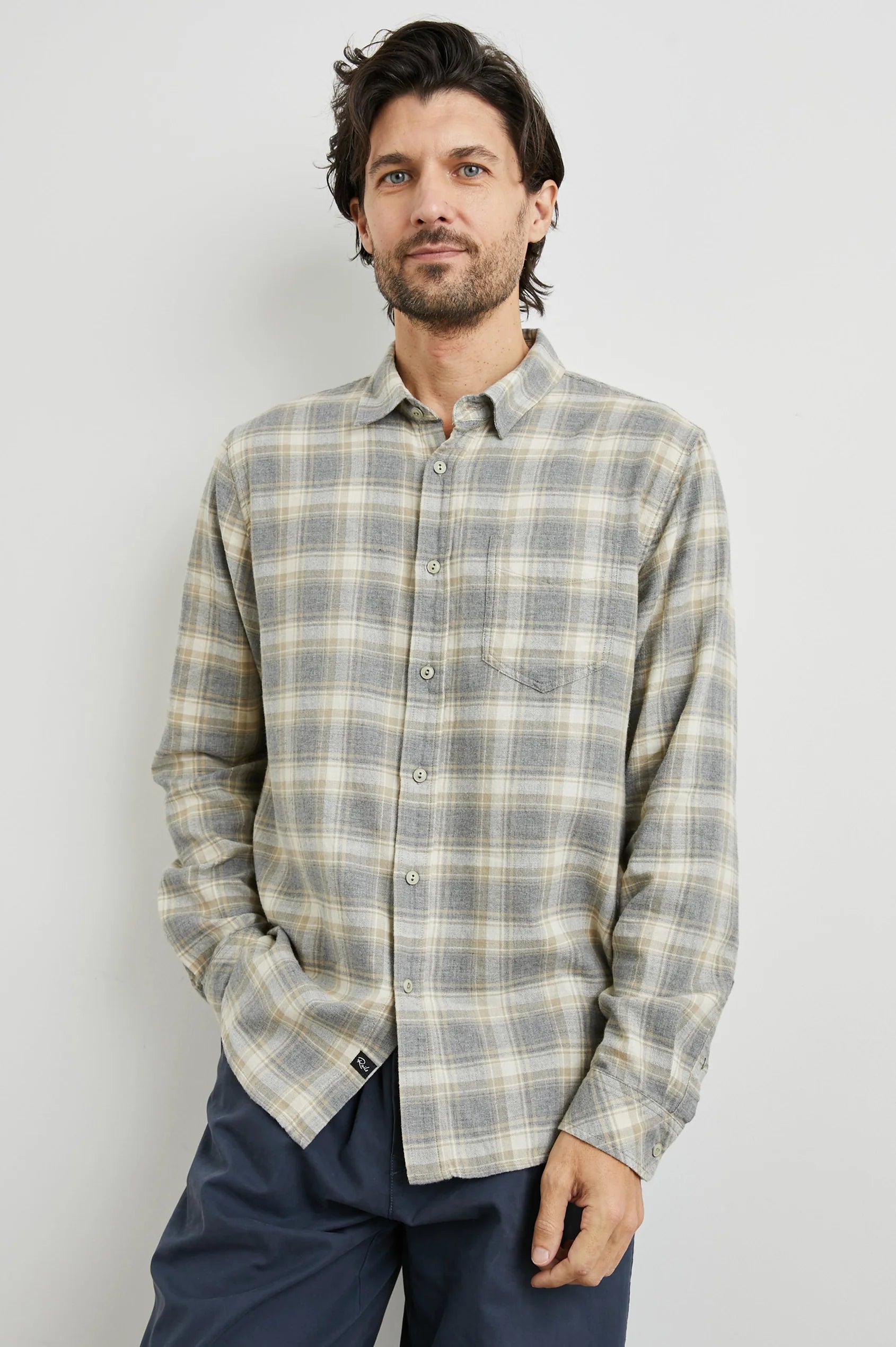 grey check shirt with chest pocket and curved hem 