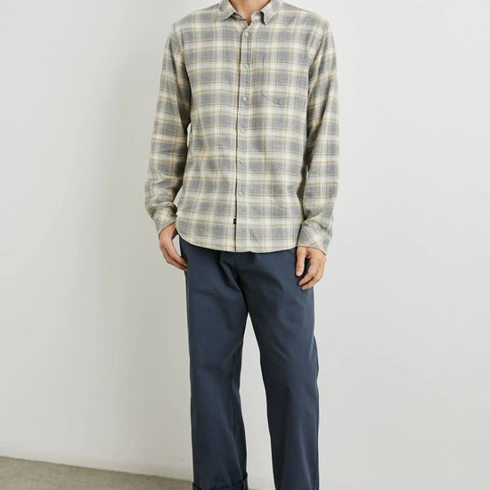 grey check shirt with chest pocket and curved hem 