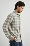 grey check shirt with chest pocket and curved hem  side view 