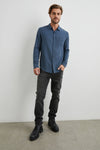 blue shirt with chest pocket and curved hem 