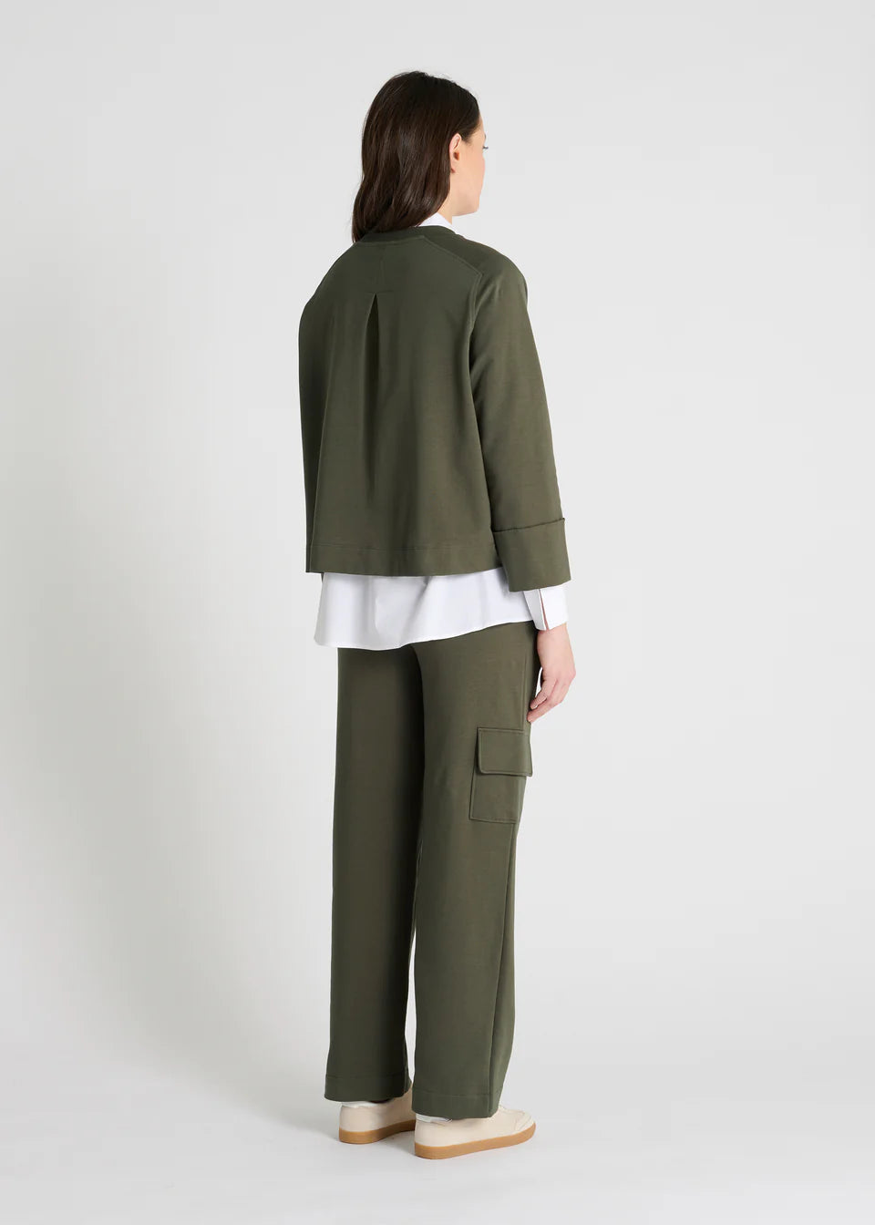 khaki green round neck sweatshirt rear view