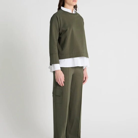 khaki green round neck sweatshirt model shot