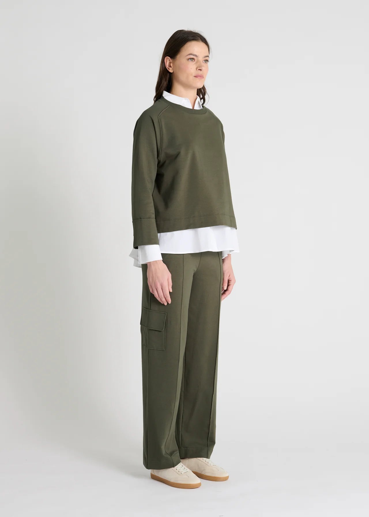 khaki green round neck sweatshirt model shot