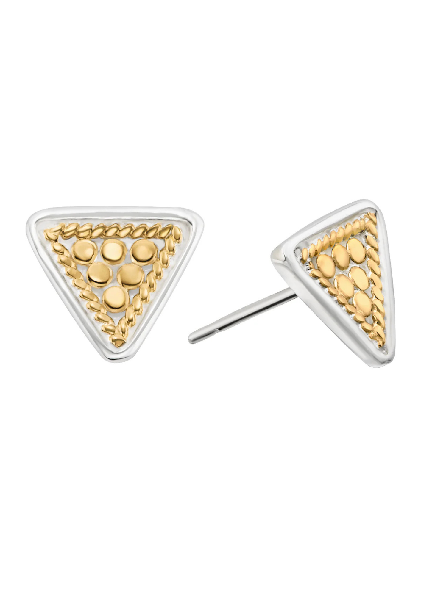 Triangular gold and silver earrings on a white background