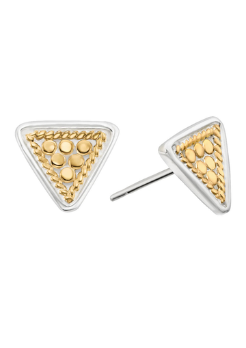 Triangular gold and silver earrings on a white background