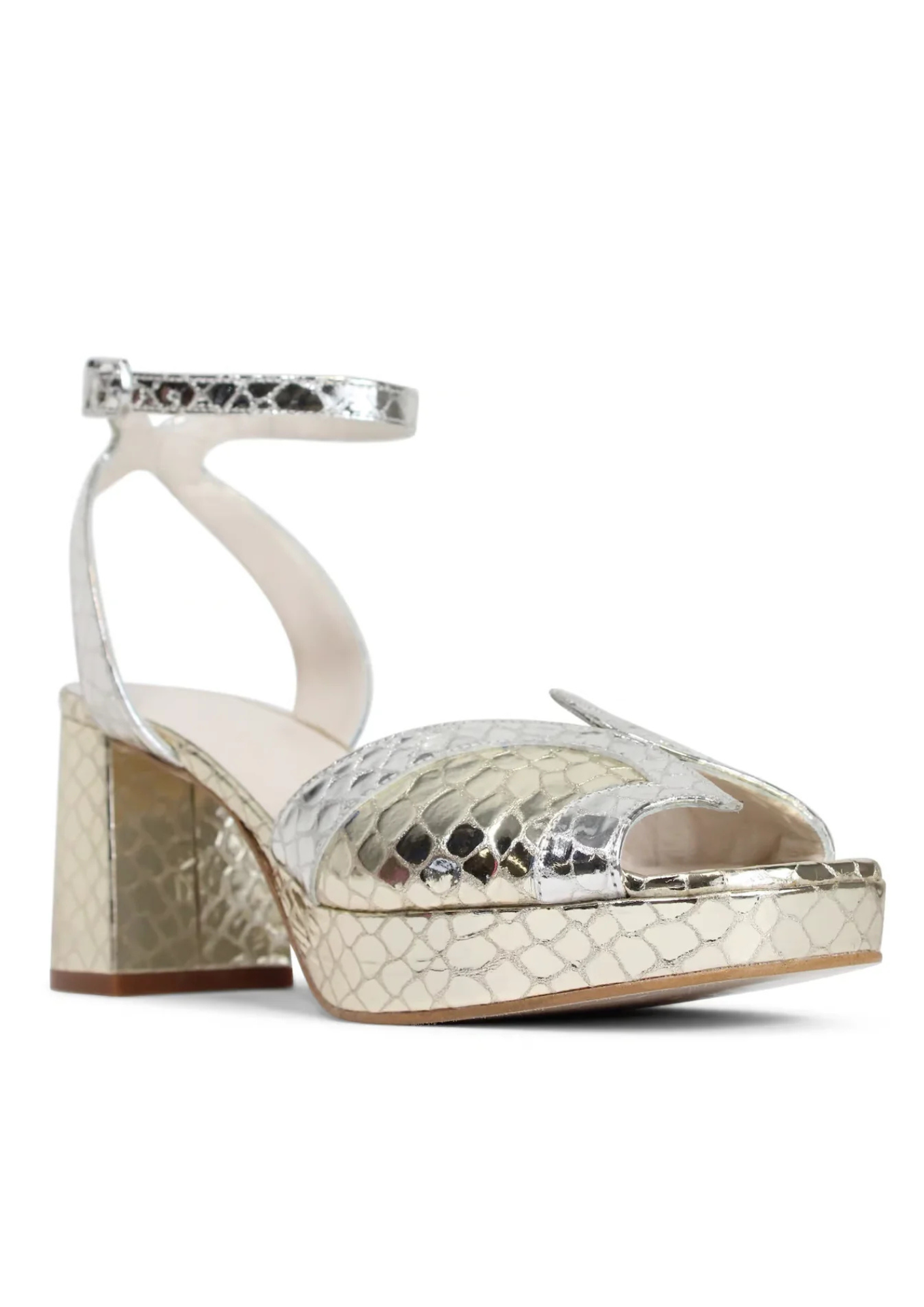 silver and gold snake print heel