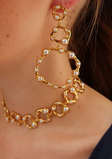 Statement gold circle drop earrings with faux pearl model shot.