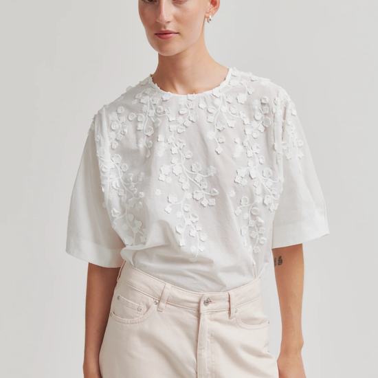 model wearing floral white blouse 