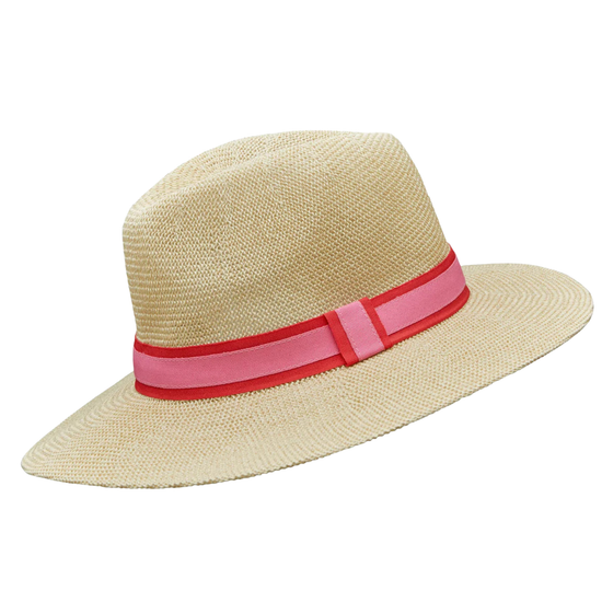 Paper panama hat with hot pink and coral ribbon