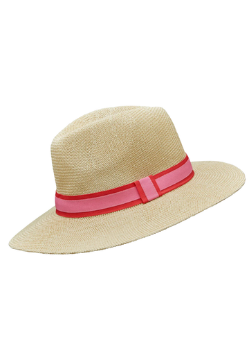 Paper panama hat with hot pink and coral ribbon