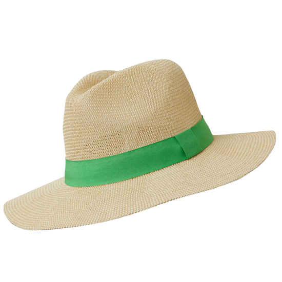 Beige straw hat with a green band on a white background