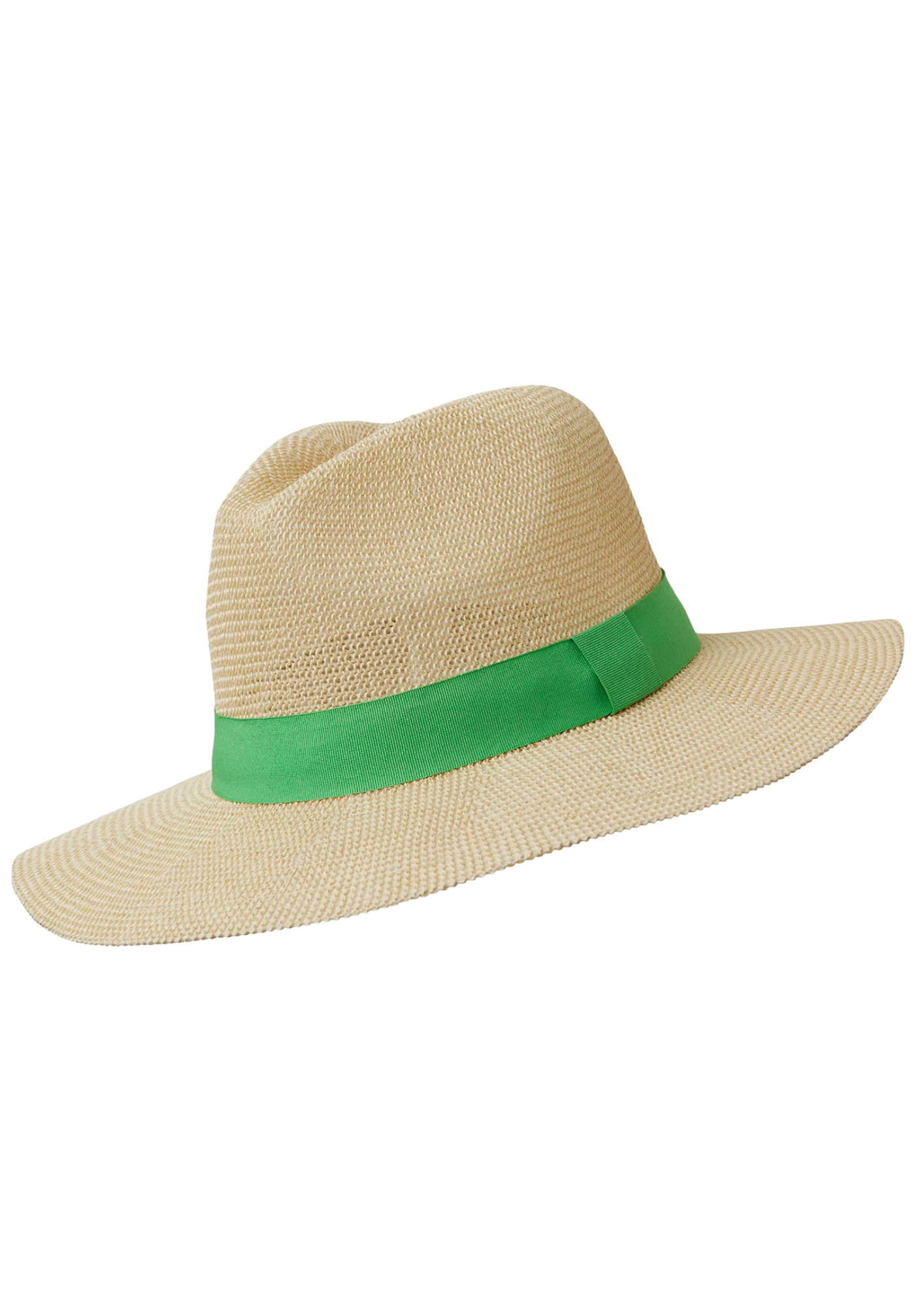 Beige straw hat with a green band on a white background