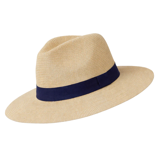 Beige straw hat with an navy band on a white background