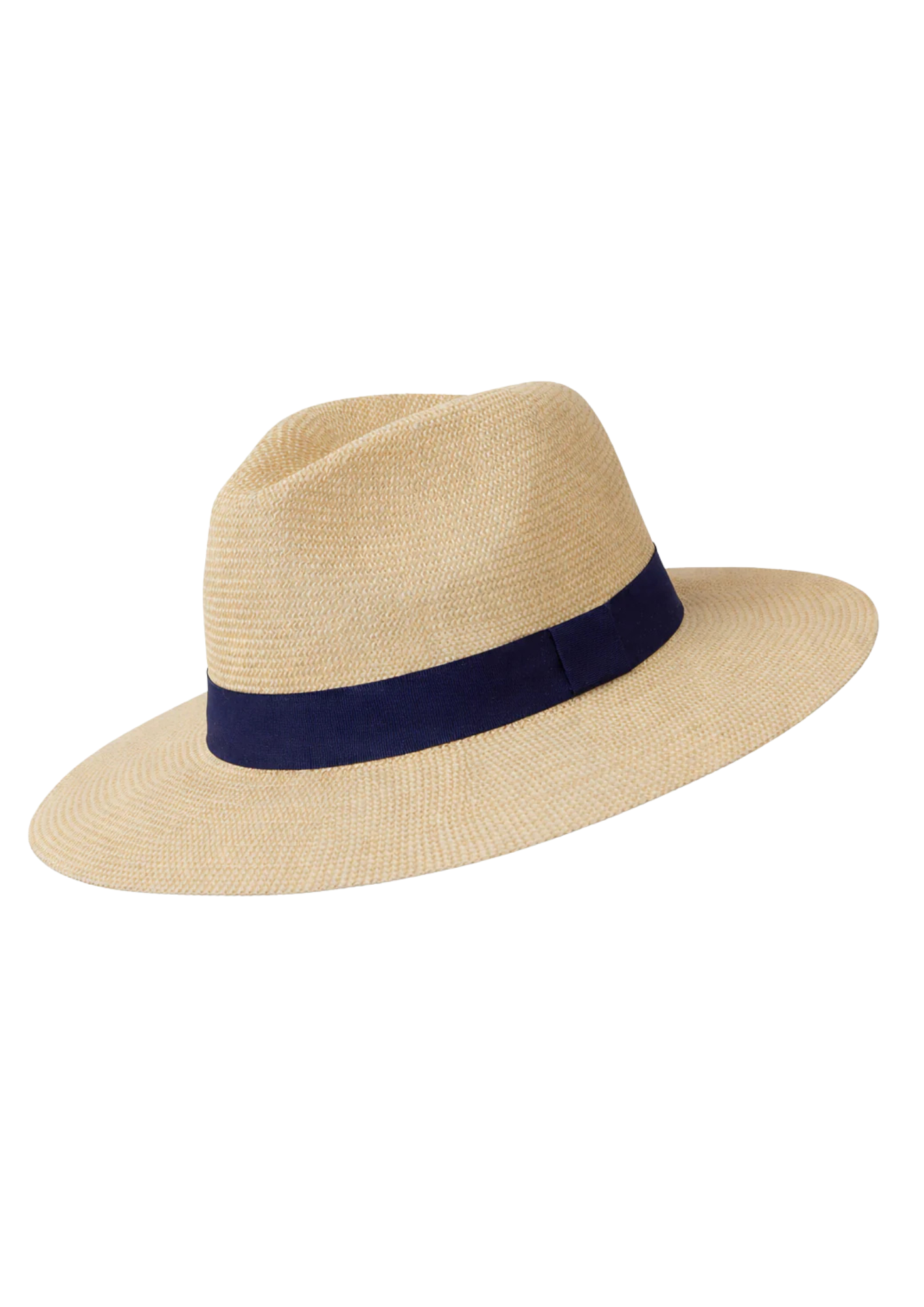 Beige straw hat with an navy band on a white background
