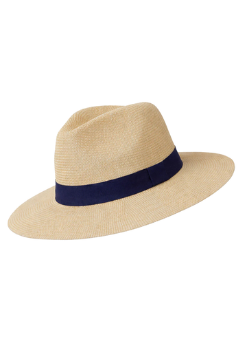 Beige straw hat with an navy band on a white background