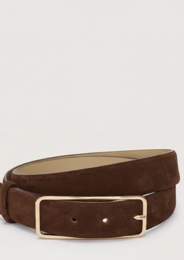 Brown suede belt with a gold buckle on a light gray background from abro
