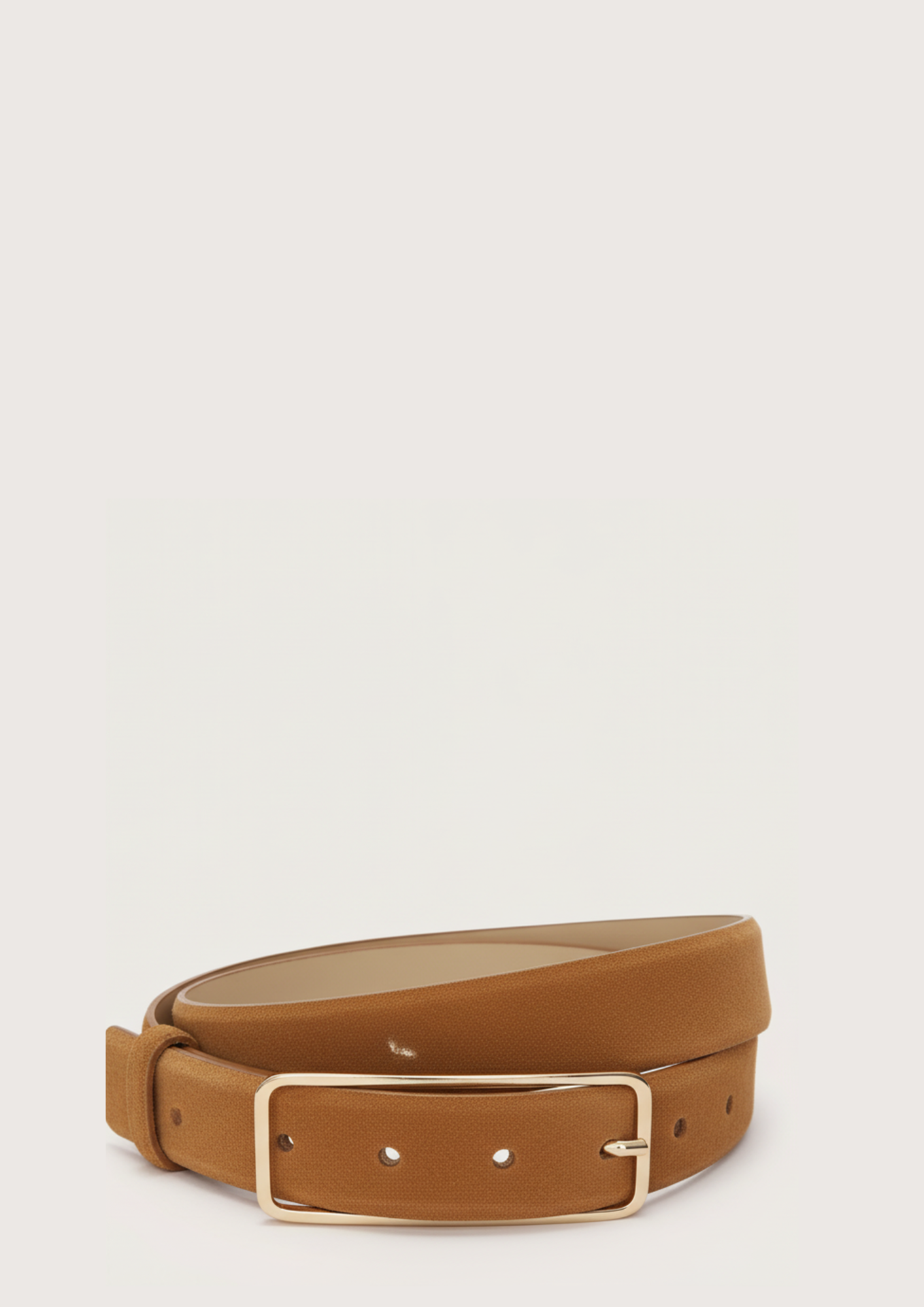 tan suede belt with gold toned rectangular buckle
