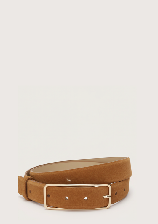 tan suede belt with gold toned rectangular buckle