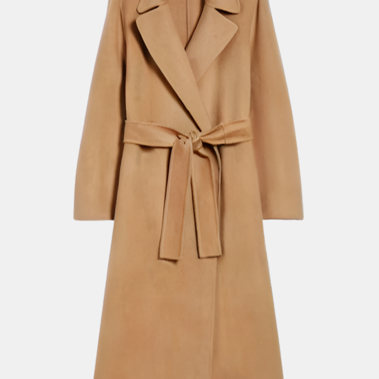 camel edge to edge wool coat with notch lapels and belt