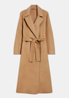 camel edge to edge wool coat with notch lapels and belt