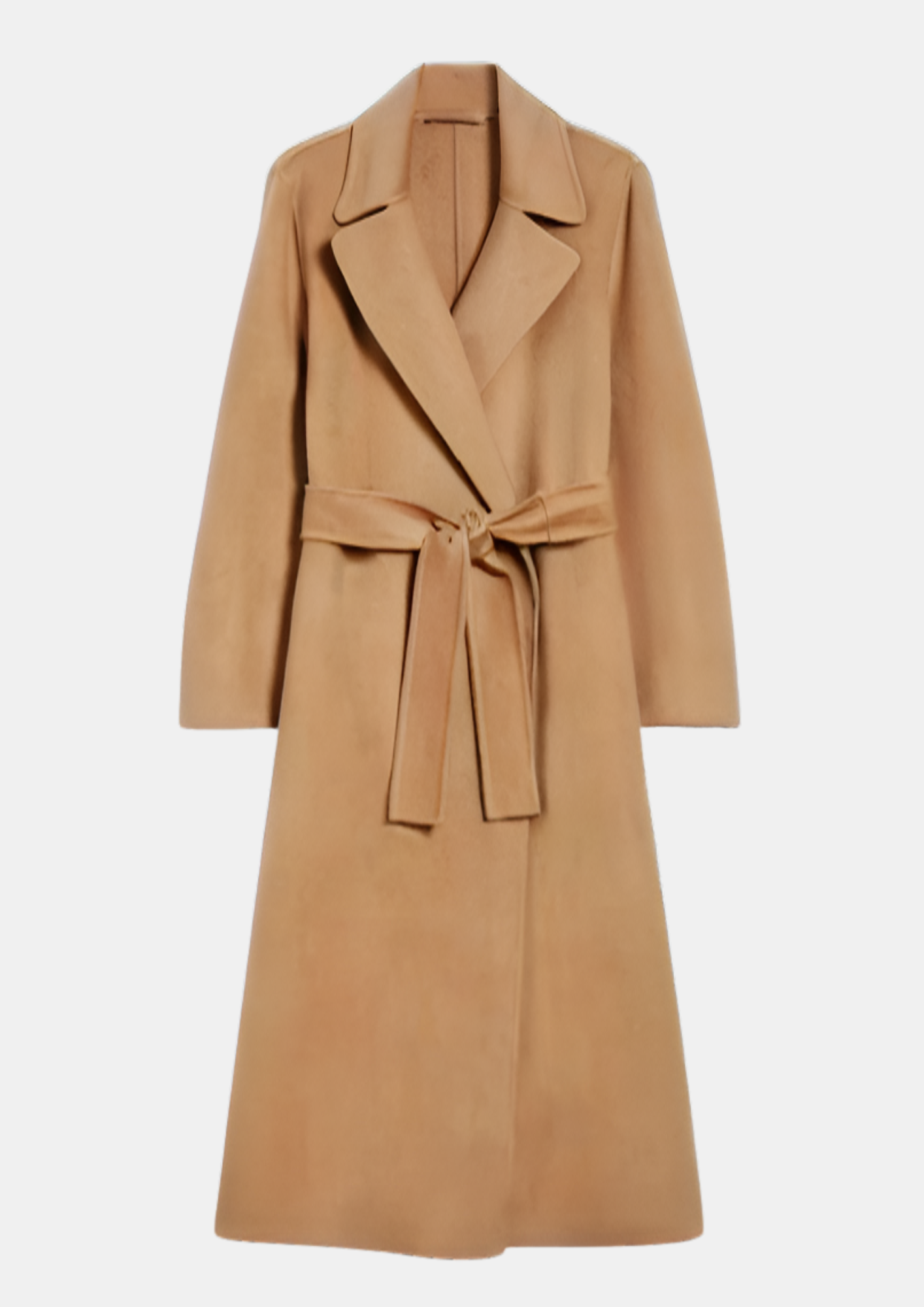 camel edge to edge wool coat with notch lapels and belt