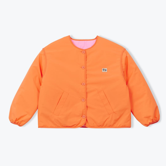 An orange quilted jacket with a pink inner collar, buttoned front, and a small '9p' logo on the left chest, displayed on a clean white background.