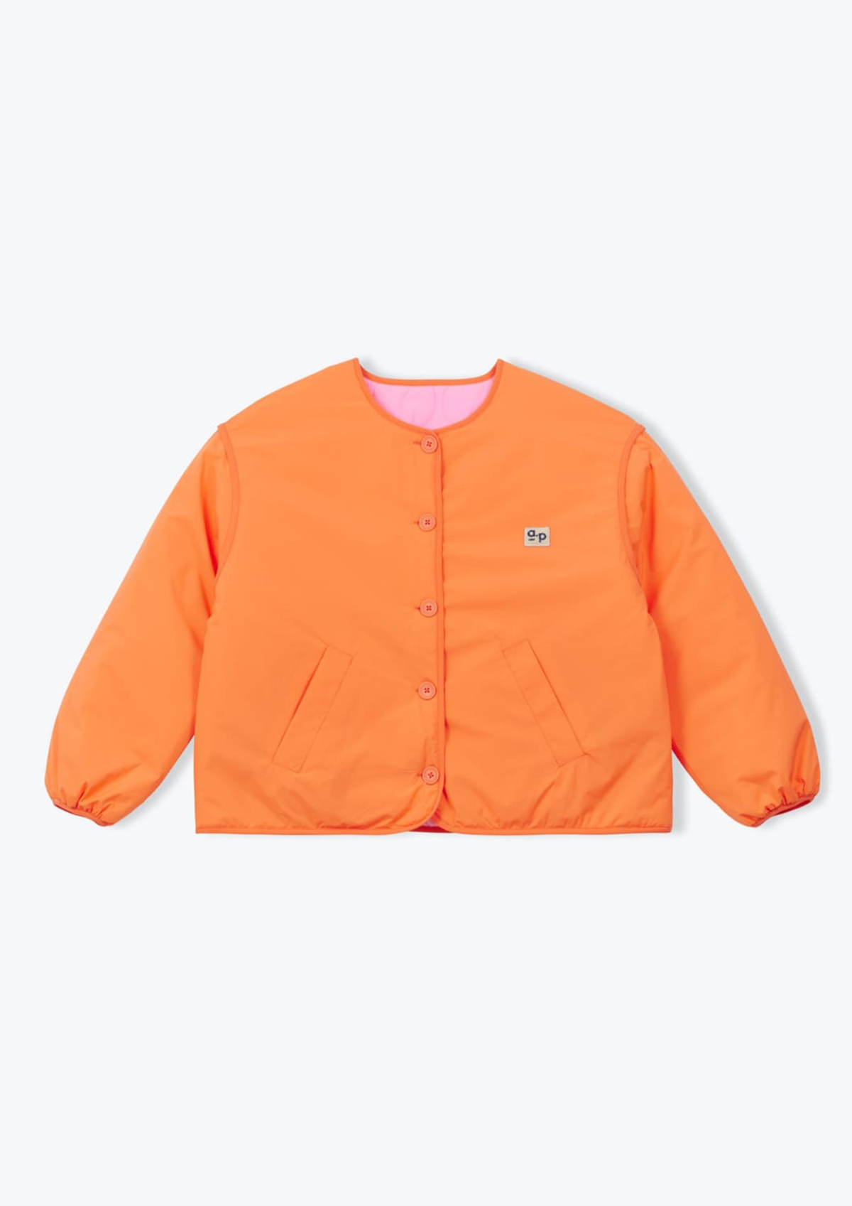 An orange quilted jacket with a pink inner collar, buttoned front, and a small '9p' logo on the left chest, displayed on a clean white background.