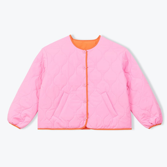 A pink quilted jacket with orange trim and button details, displayed flat against a light gray background.