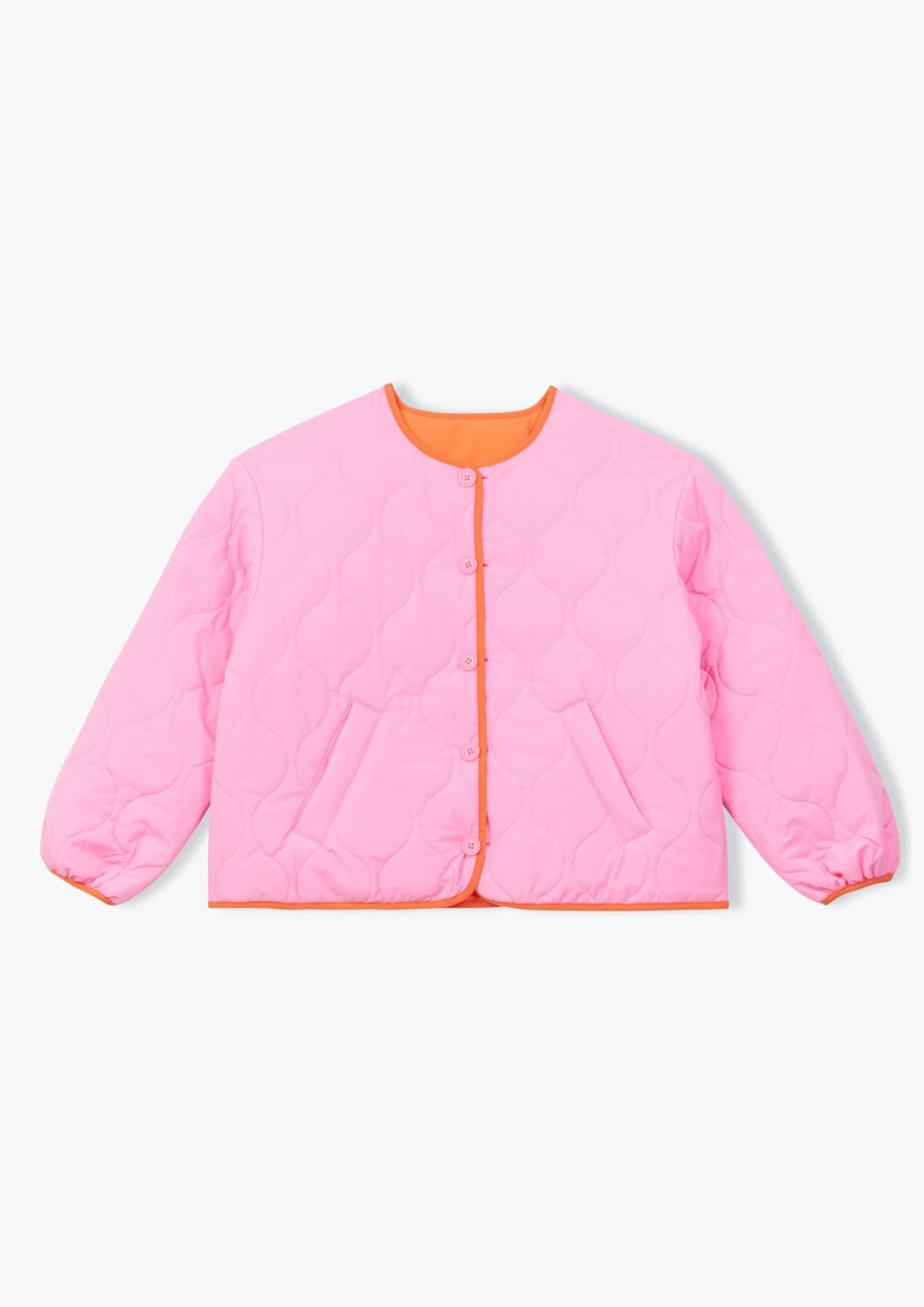 A pink quilted jacket with orange trim and button details, displayed flat against a light gray background.