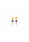 A pair of gold drop earrings featuring a circular stud with a small blue enamel inlay and a dangling chevron-shaped charm paved with clear stones, shown on a plain white background.