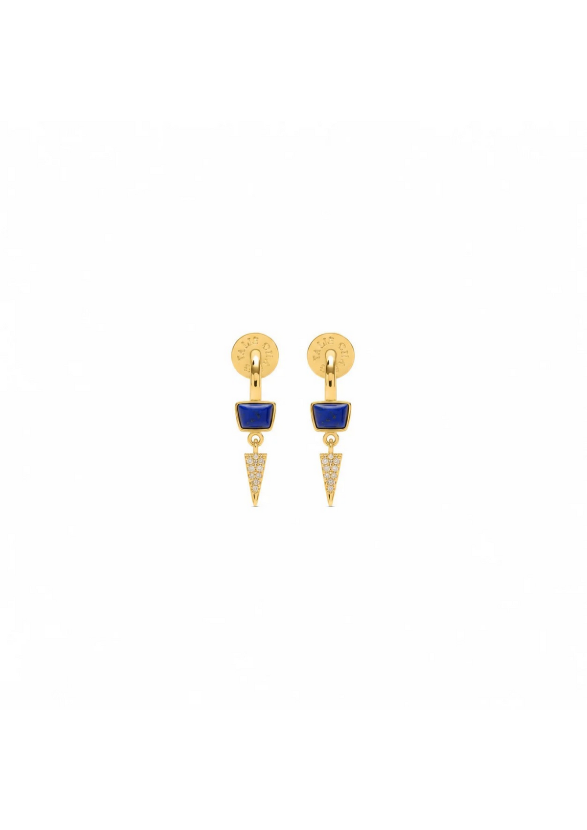 A pair of gold drop earrings featuring a circular stud with a small blue enamel inlay and a dangling chevron-shaped charm paved with clear stones, shown on a plain white background.
