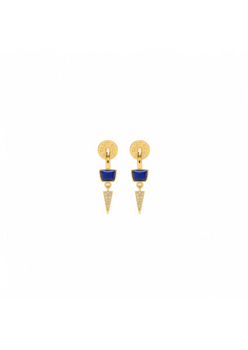 A pair of gold drop earrings featuring a circular stud with a small blue enamel inlay and a dangling chevron-shaped charm paved with clear stones, shown on a plain white background.