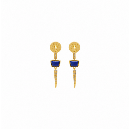 a pair of gold earrings with a blue lapis stone on a plain white background