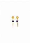 a pair of gold earrings with a blue lapis stone on a plain white background