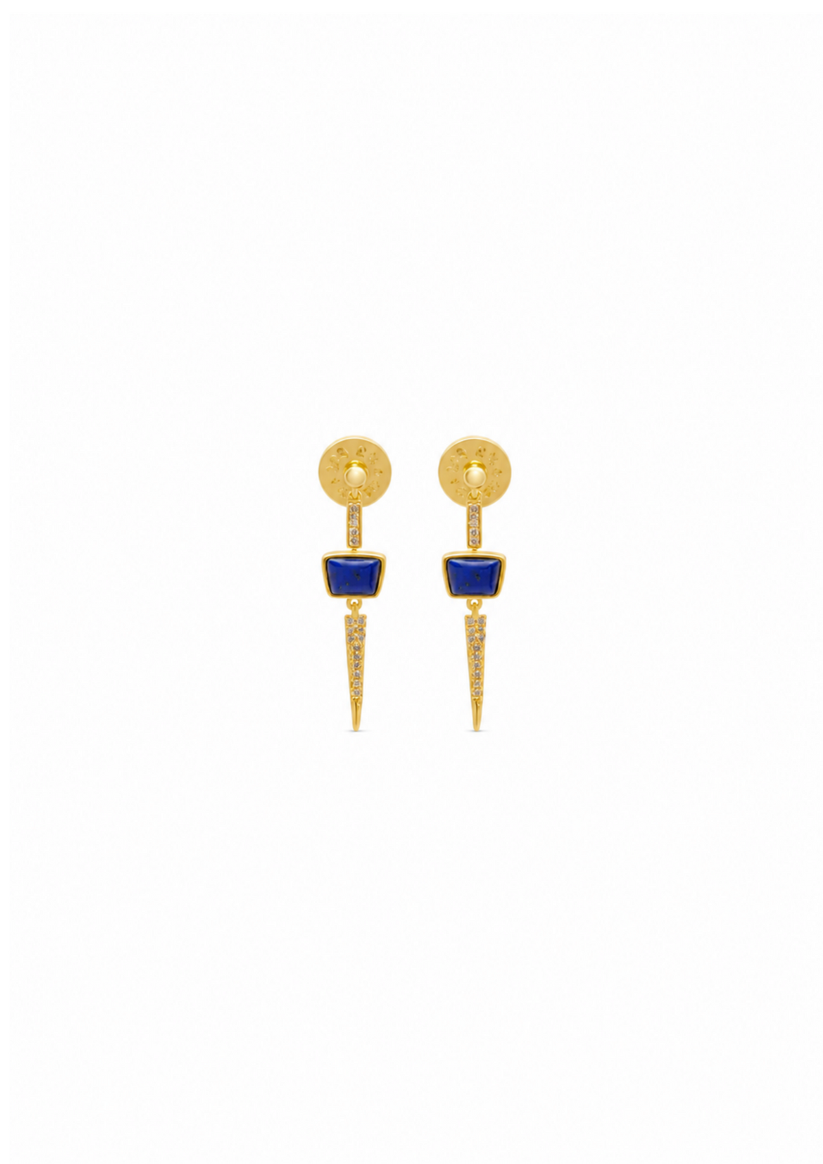 a pair of gold earrings with a blue lapis stone on a plain white background