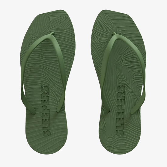 Green flip-flops with 'Sleepers' branding on a white background