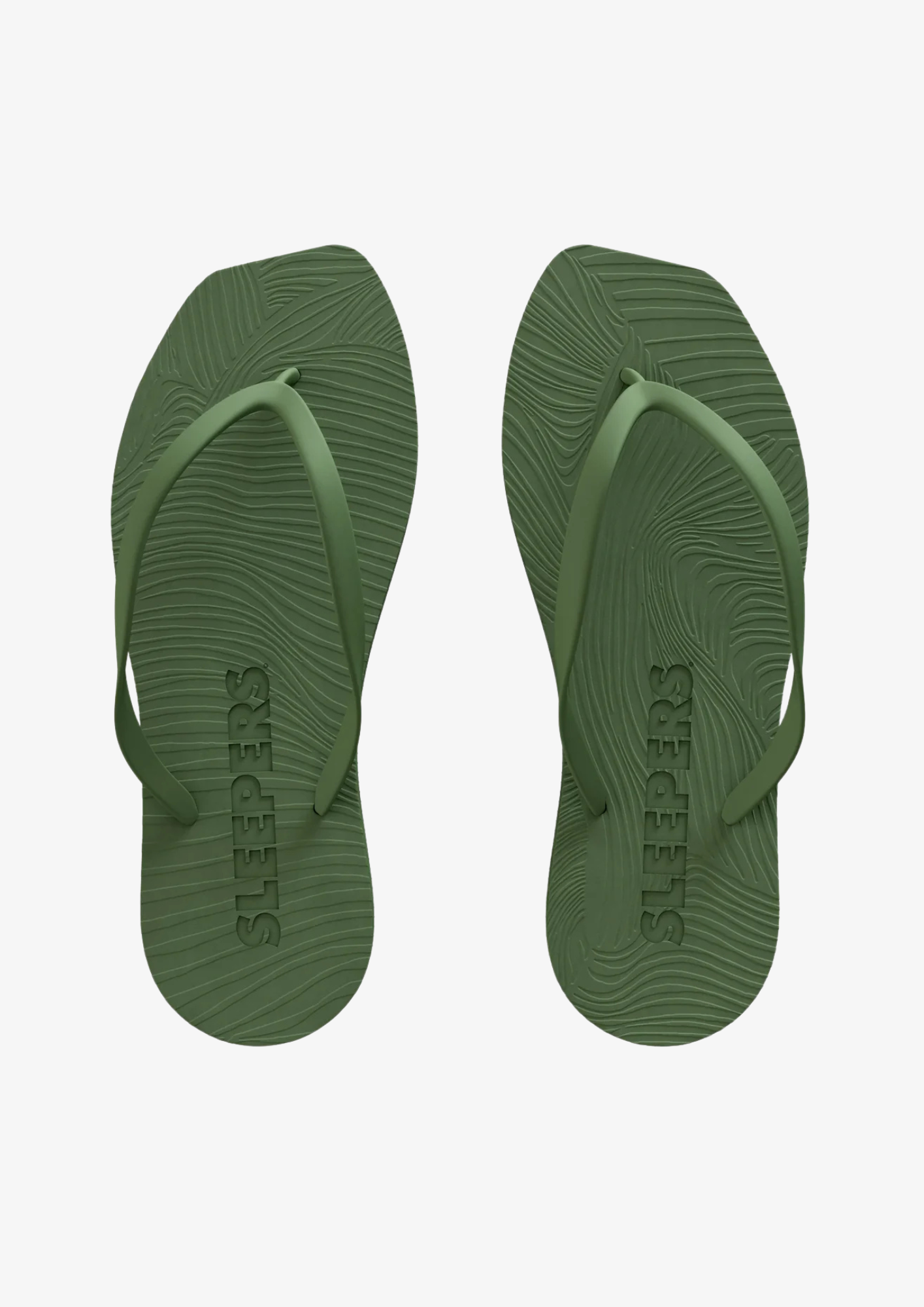 Green flip-flops with 'Sleepers' branding on a white background