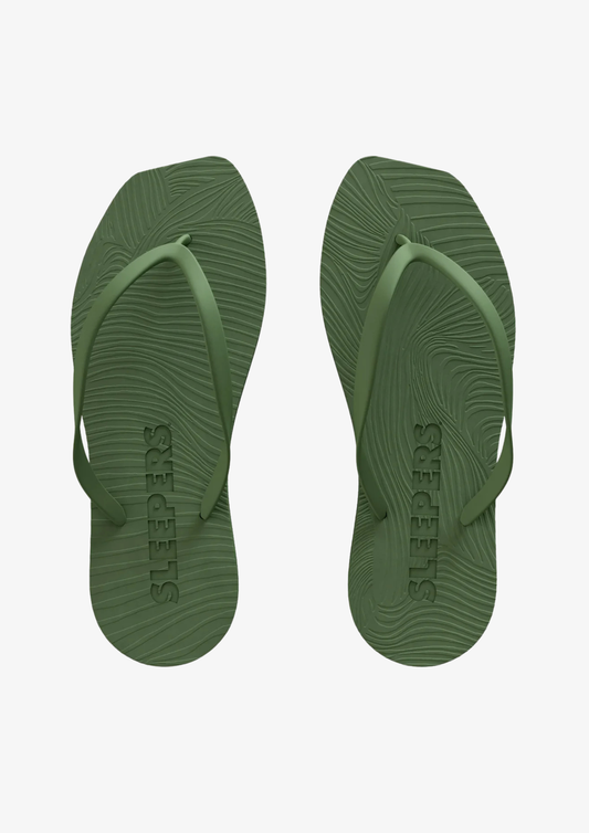 Green flip-flops with 'Sleepers' branding on a white background
