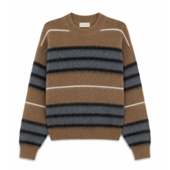 flat lay of a multi colour strip knit jumper