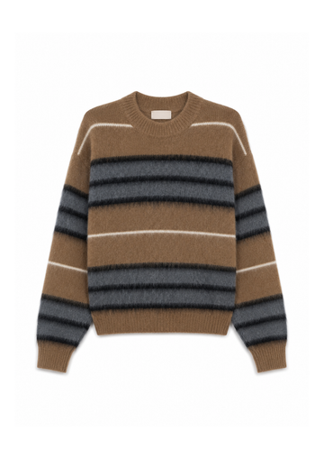 flat lay of a multi colour strip knit jumper