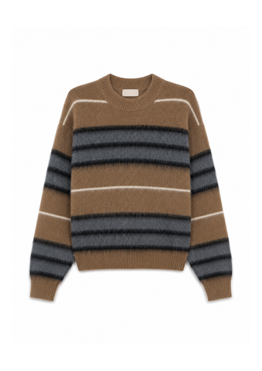flat lay of a multi colour strip knit jumper