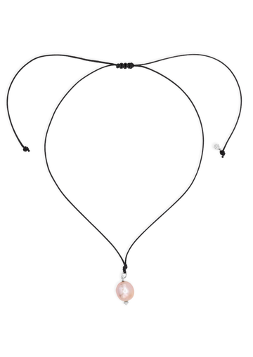 Necklace with a pink pearl pendant on a white background