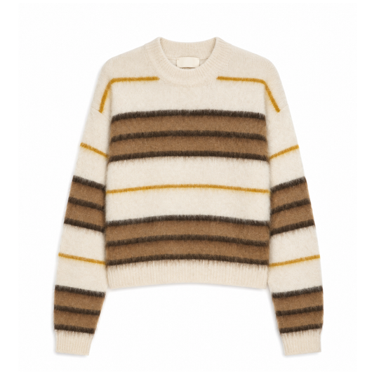A fuzzy knit crewneck sweater with horizontal stripes in cream, brown, and mustard yellow, displayed on a clean white background.